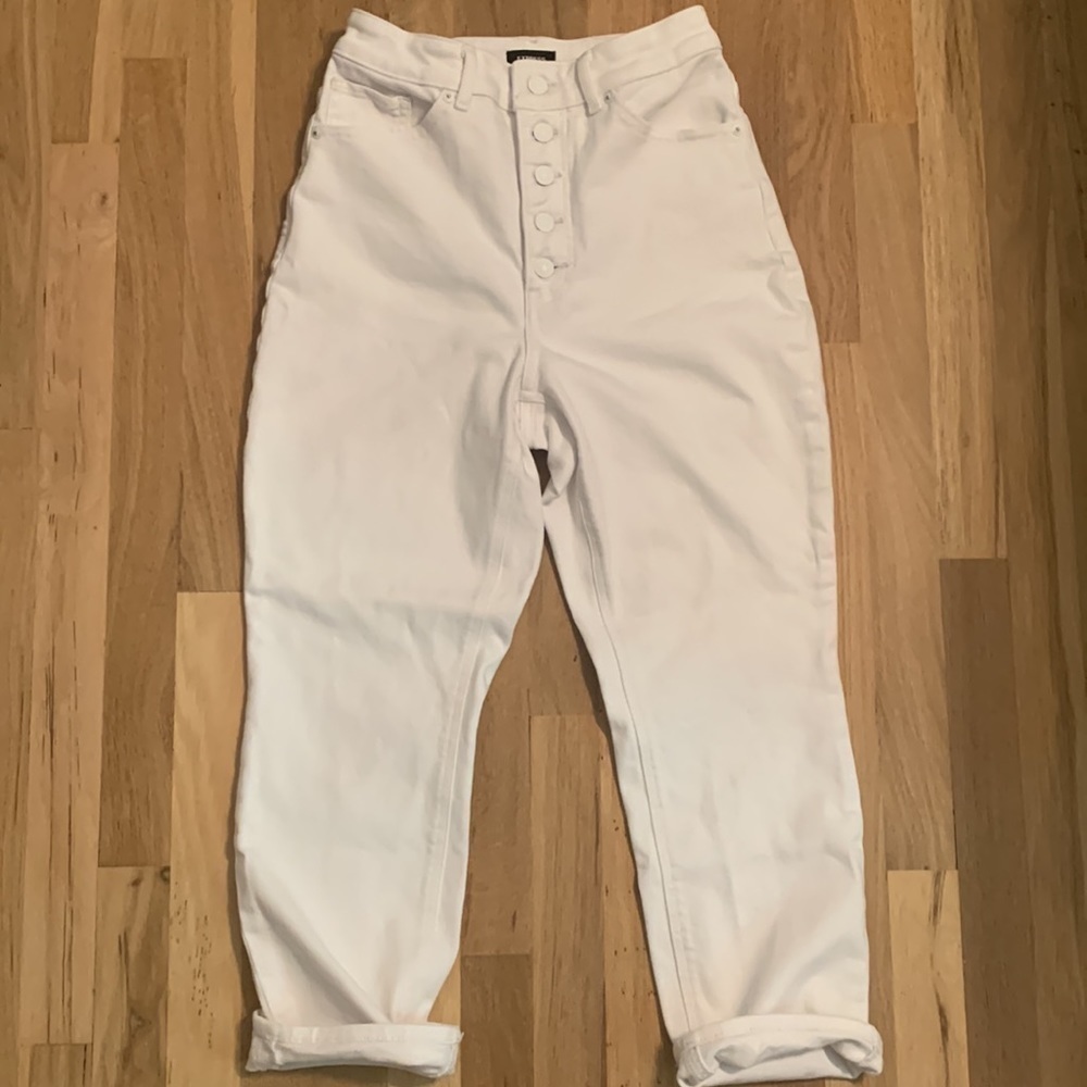 EXPRESS Curvy Mom Jeans Super High Rise Button Fly White Ankle Pants Women’s 4